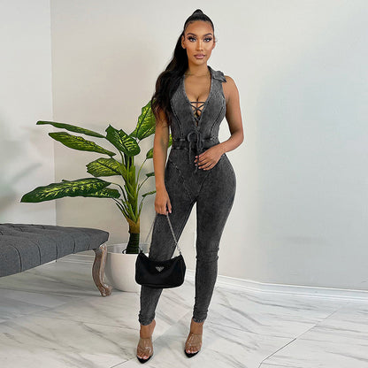 Women's Suspenders Skinny Butt Lifter Jumpsuit With Lapel Straps