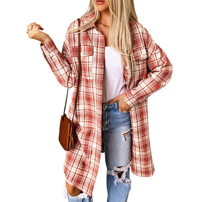 Women's Printed Checks Mid-length Shirt Coat