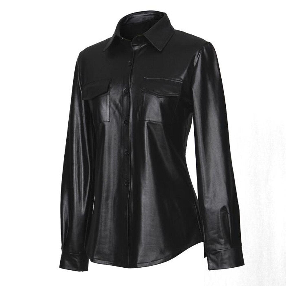 Sexy Ladies PU Leather Long Sleeve Shirt