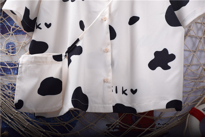 Chemise en mousseline de soie à manches courtes et col de costume imprimé de lettres de vache mignonnes pour enfants, sac gratuit