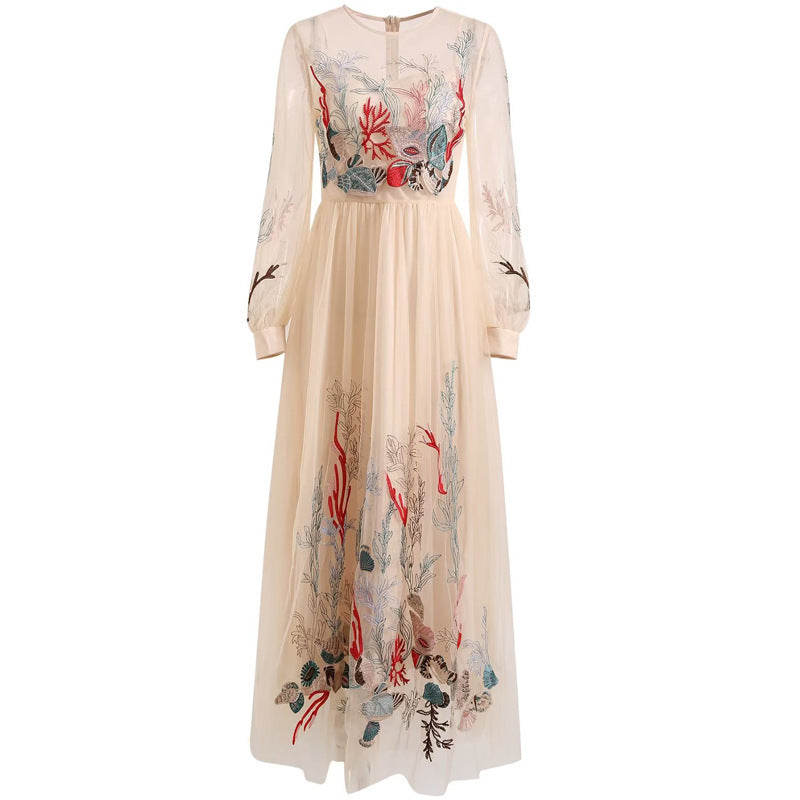 Exquisite Embroidery Floral See-through Apricot Dress Long Princess Style Dress