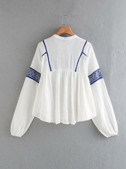 Women's Long-Sleeved Contrast Embroidered Blouse