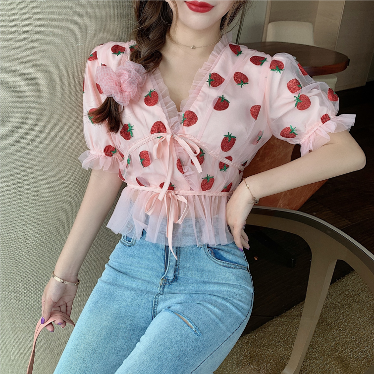 Strawberry Blouse With Bubble Sleeves With Short Sleeves