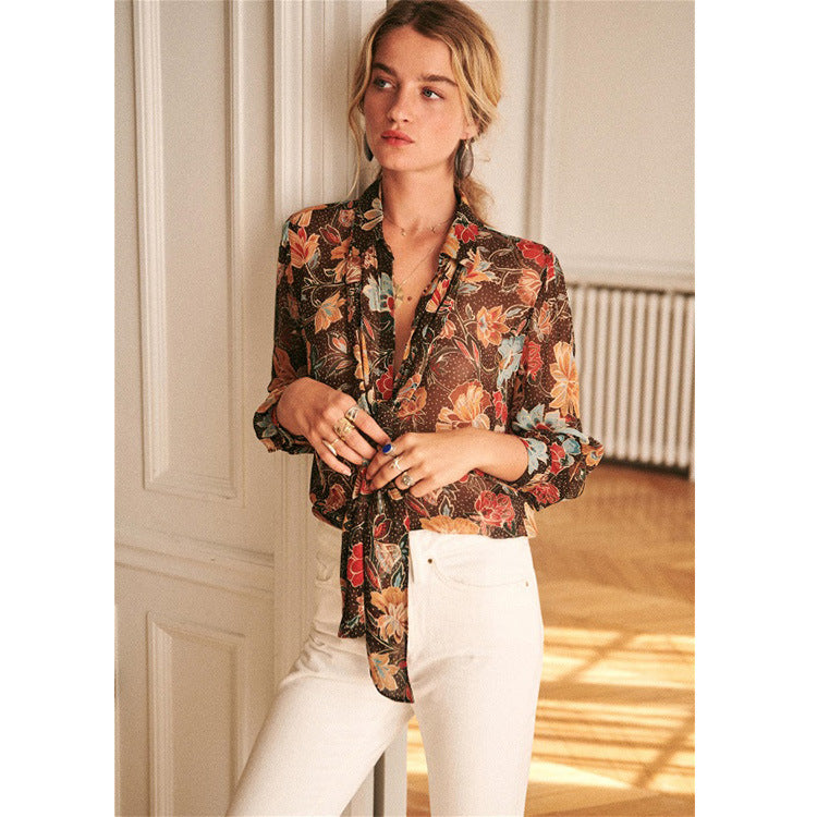 Chemise florale rétro romantique française