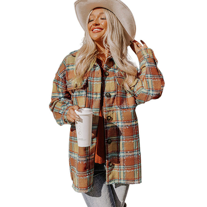 Loose Plaid Shirt Coat Women's Fashionable Outerwear Long-sleeved Top