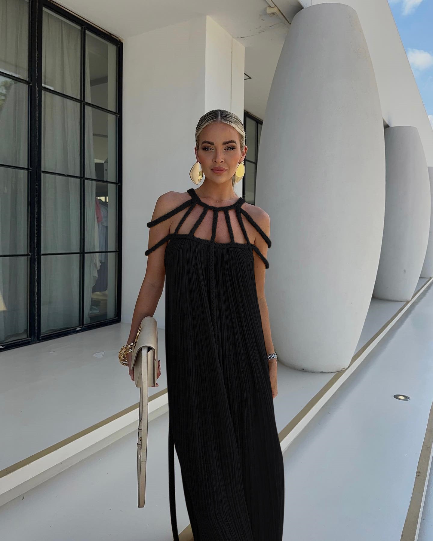 Vestido de playa suelto con hombros descubiertos y cuerda para mujer