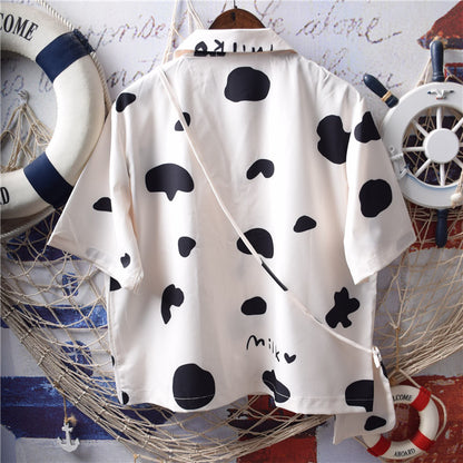 Childlike Cute Cow Letter Print Suit Collar Short Sleeve Chiffon Shirt Free Bag