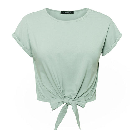 Short-sleeved round neck bow tie T-shirt cotton