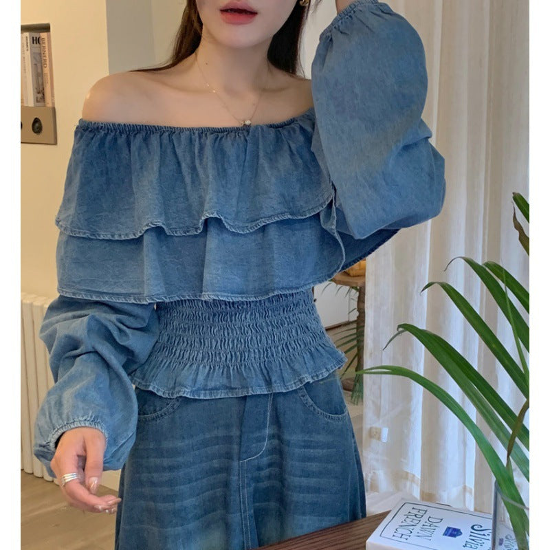 Retro Off-shoulder Waist-controlled Top Large Swing Denim Skirt