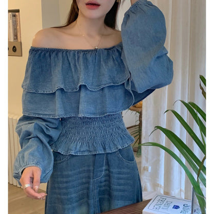 Retro Off-shoulder Waist-controlled Top Large Swing Denim Skirt