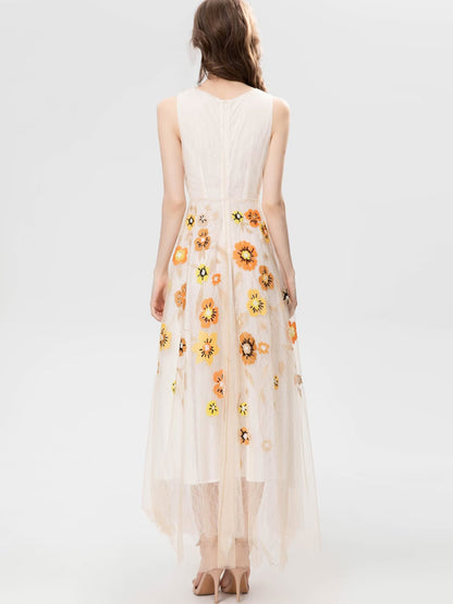 Exquisite Embroidery Floral Sequined Sleeveless Apricot Swing Long Dress