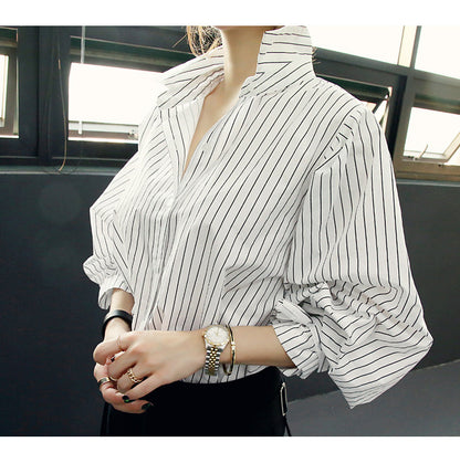 Black and White Striped Loose Blouse