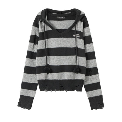 Autumn Hooded Sweater Women Contrast Stripe Thin