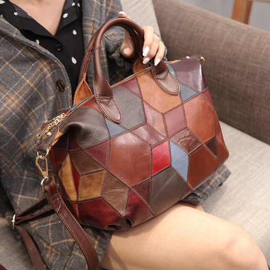 Contrasting Top Layer Cowhide One-shoulder Handbag