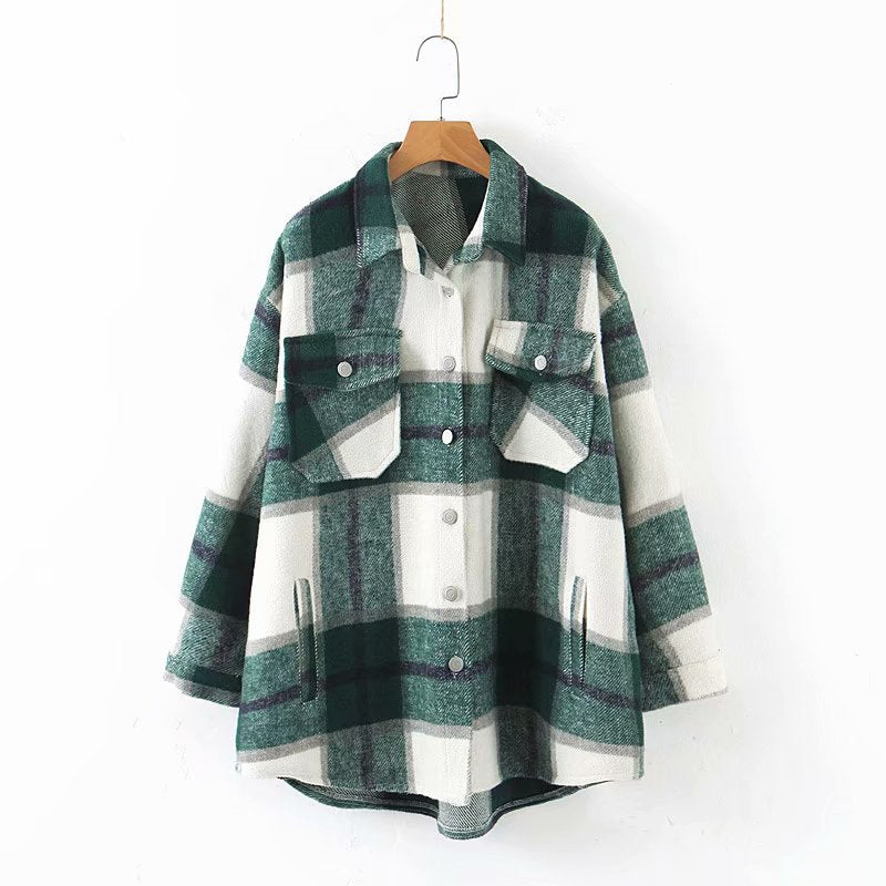 New Lapel Woolen Plaid Shirt Jacket Women