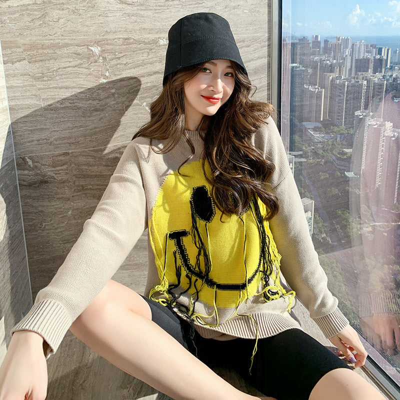 Loose smiley long-sleeved knitted top