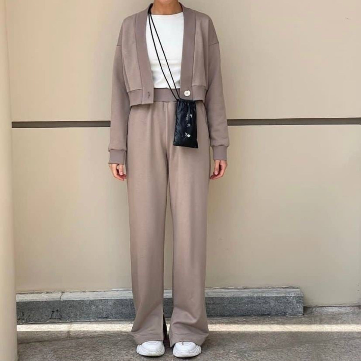 Solid Color Cardigan Long-sleeved Sweater Trousers Suit