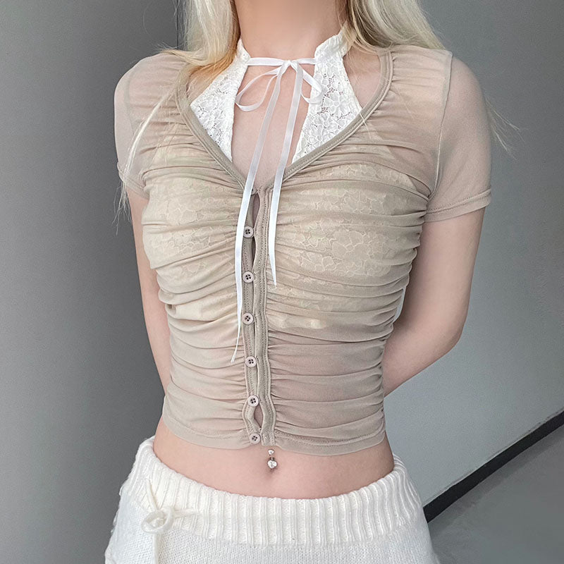 Summer Light And Slightly Transparent Pleated Lace T-shirt