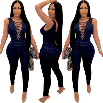 Sleeveless Eyelet Straps Slim Fit Sexy Denim Jumpsuit