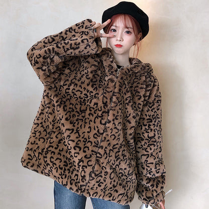 Hooded Korean Style Loose Coat Long Sleeves Plus Velvet Thickening