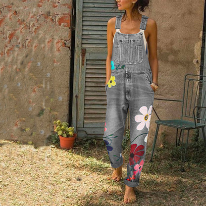 Floral Print Denim Overalls Long Trousers Jumpsuit With Pockets