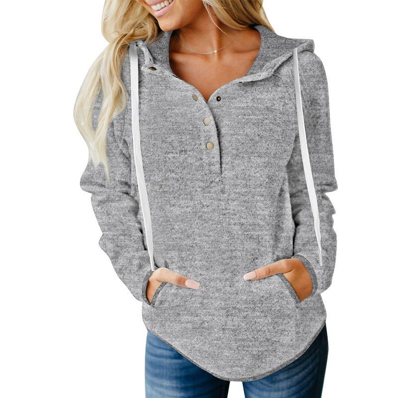 Long-Sleeved Solid Color Casual Hooded Pocket Button Lanyard Ladies Pullover Sweater