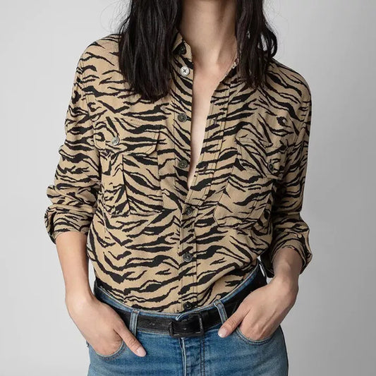 French Women's Early Autumn Tiger Pattern Pocket Long-sleeved Shirt