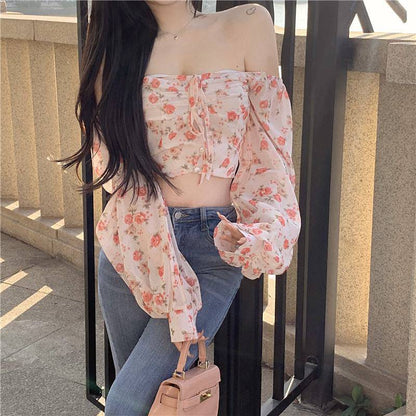 Puff Sleeve Square Neck Floral One Shoulder Chiffon Shirt Women's