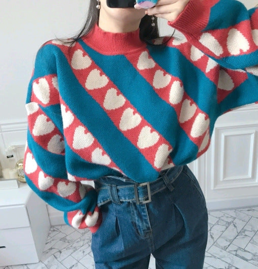 Loose Rabbit Fur Loose Color Block Half Turtleneck Sweater