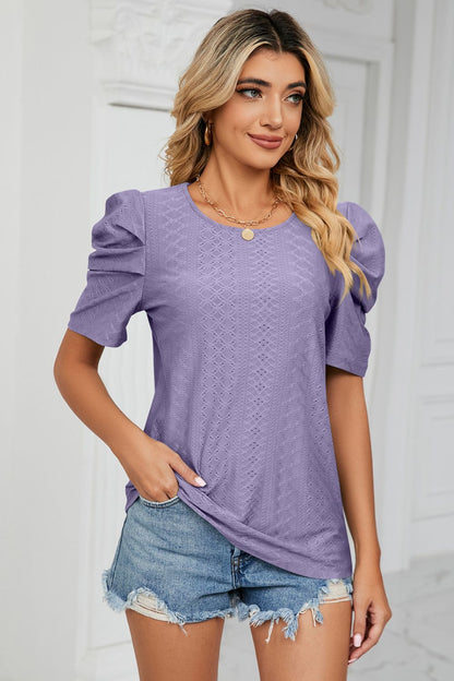 Eyelet Puff Sleeve Round Neck Blouse