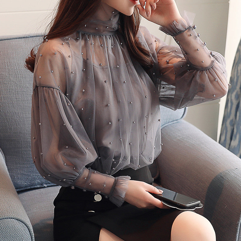 Lantern sleeve mesh chiffon shirt