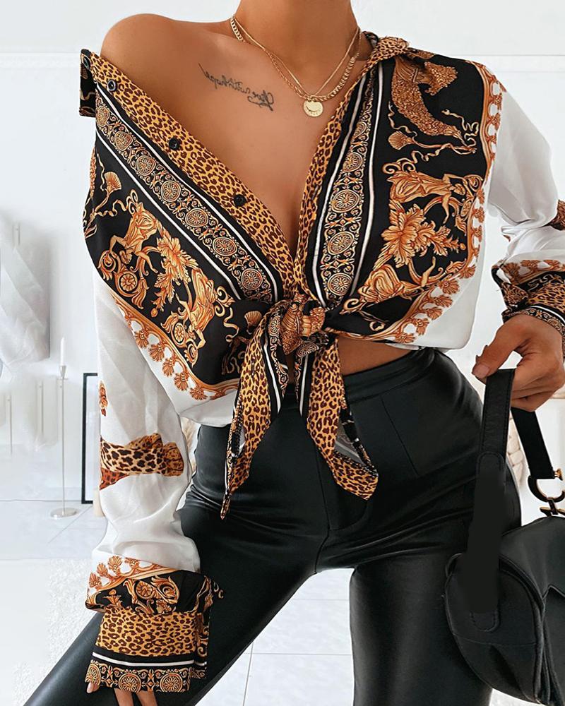 Chemise manches longues léopard baroque blanche