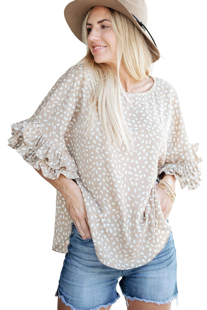 Khaki Dolman Ruffled Sleeve Loose Blouse