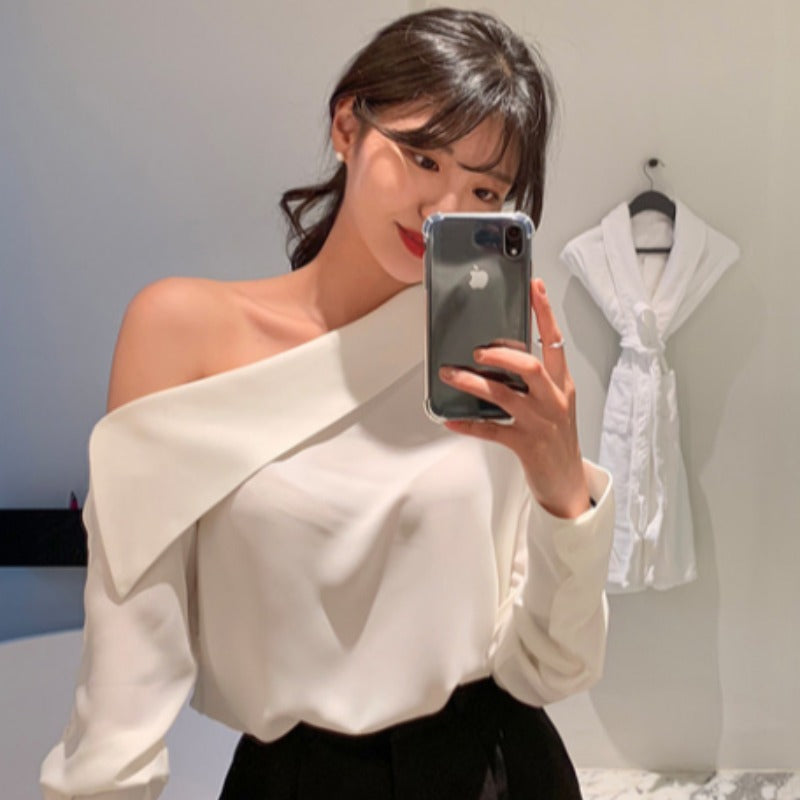 Women's Oblique Side Off-Shoulder Long-Sleeved Shirt