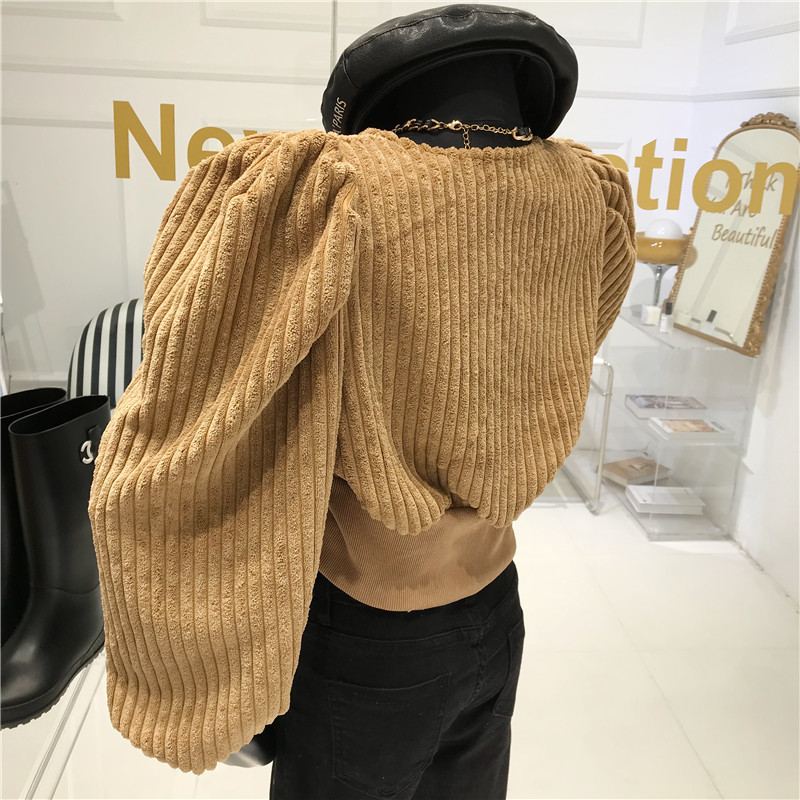 Women's short puff sleeve button corduroy jacket