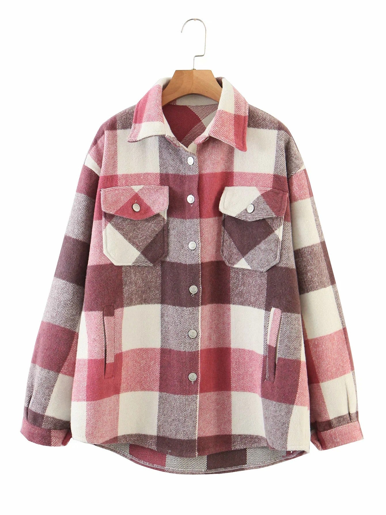 Chemise à carreaux décontractée pour femmes, manteau en Tweed, boutons, poches, veste féminine