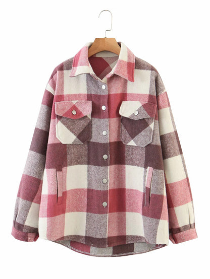 Chemise à carreaux décontractée pour femmes, manteau en Tweed, boutons, poches, veste féminine