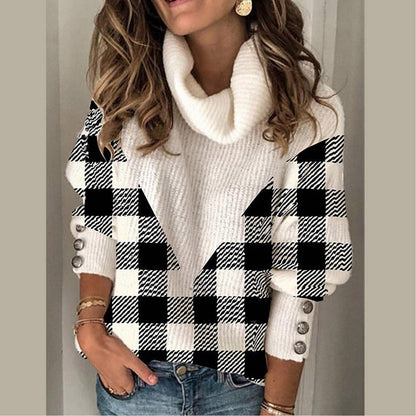 Ladies Plaid Lapel Knitted Fashion Casual Pullover Sweater