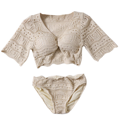 Split half-sleeved bikini knitted beige swimsuit