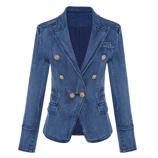 Double-breasted Lion Buckle Washing Water Denim Blazer