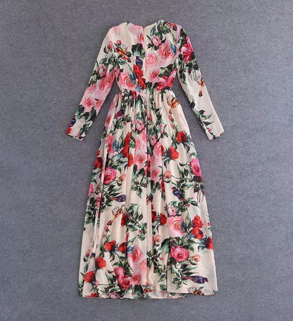 Sequined Rose Printed Chiffon Dress