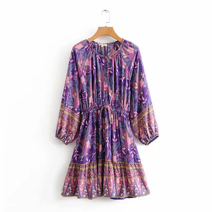 Bohemian resort-style print long sleeve dress