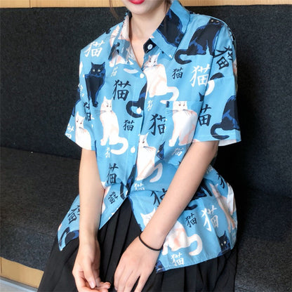 Chemise à imprimé chat de style Harajuku sauvage, haut à manches courtes 