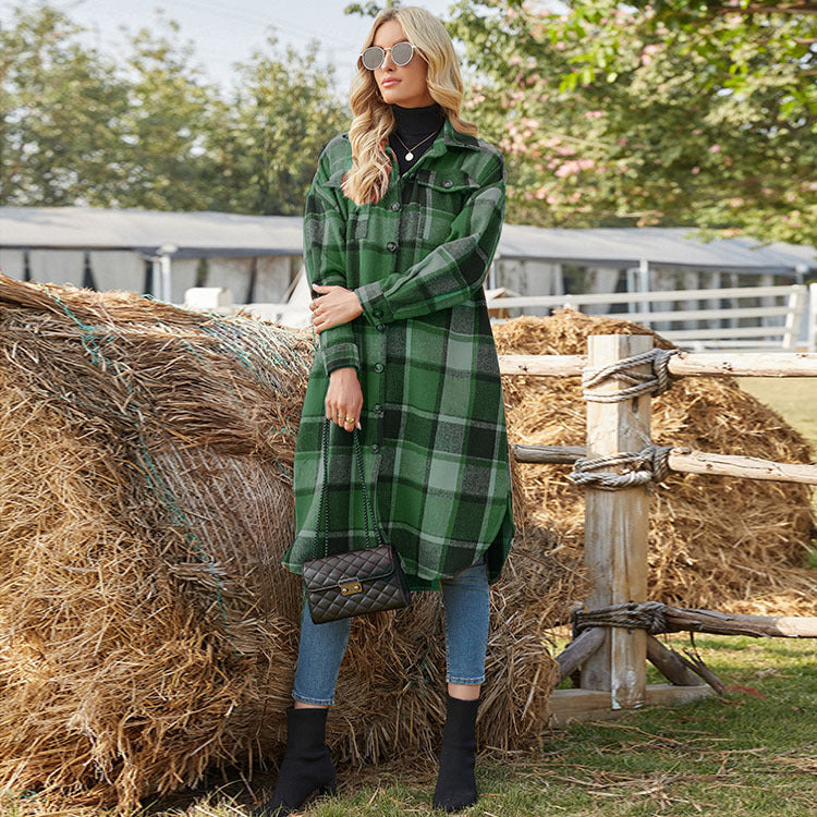 Plaid Woolen Shirt Jacket With Side Slit Lapel