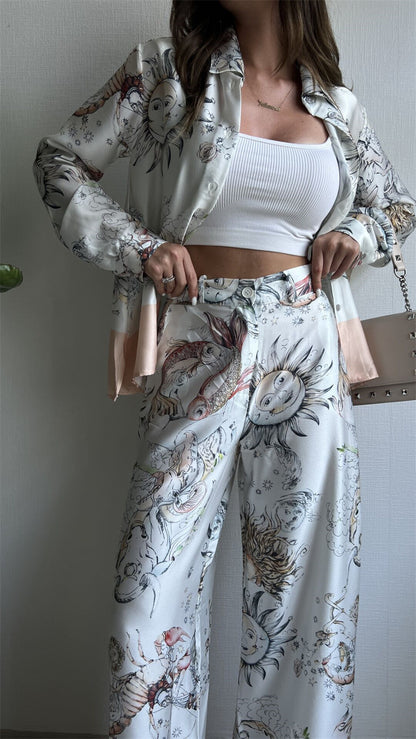 Printed Long-sleeved Top Wide Leg Pants Two-piece Set