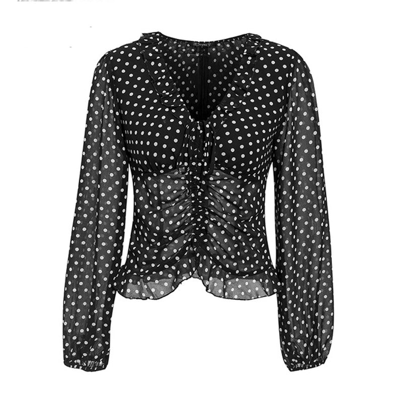 Polka-dot lace fungus long sleeve chiffon shirt