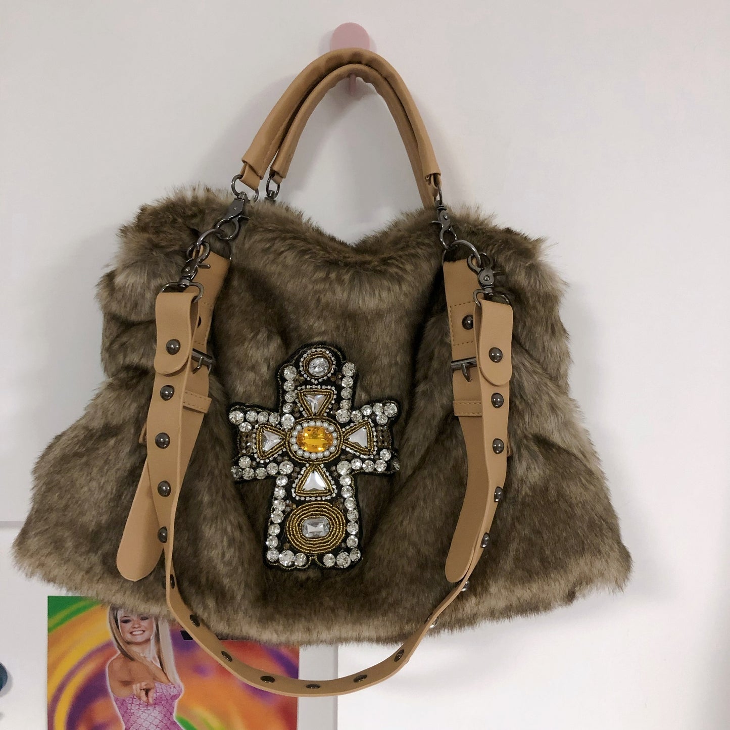 Bolso bandolera de piel de visón con gemas para otoño e invierno, original y casero