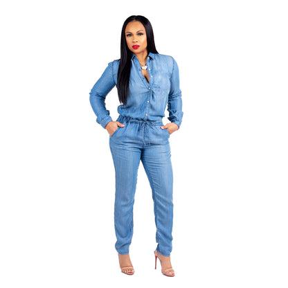 Lace-up Jeans Women's Slim Casual Jumpsuit