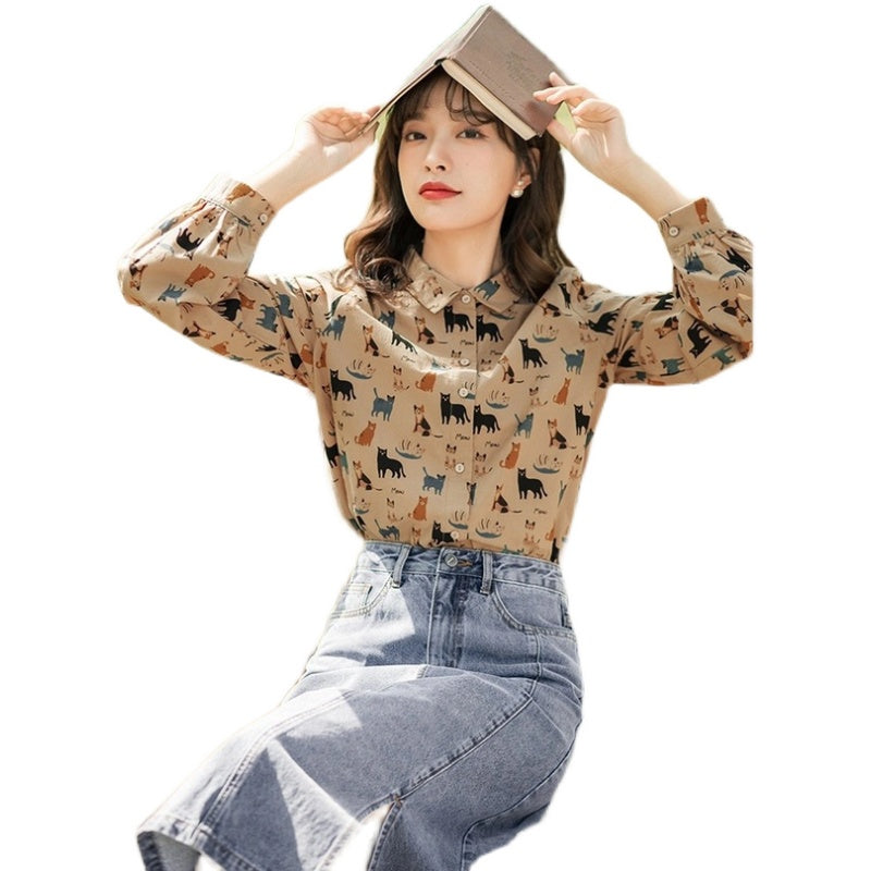 Vintage Hong Kong Style Printed Long-sleeved Shirt Top