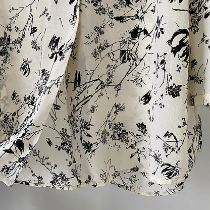 Ink Floral Mid Length Top Long Sleeve Shirt